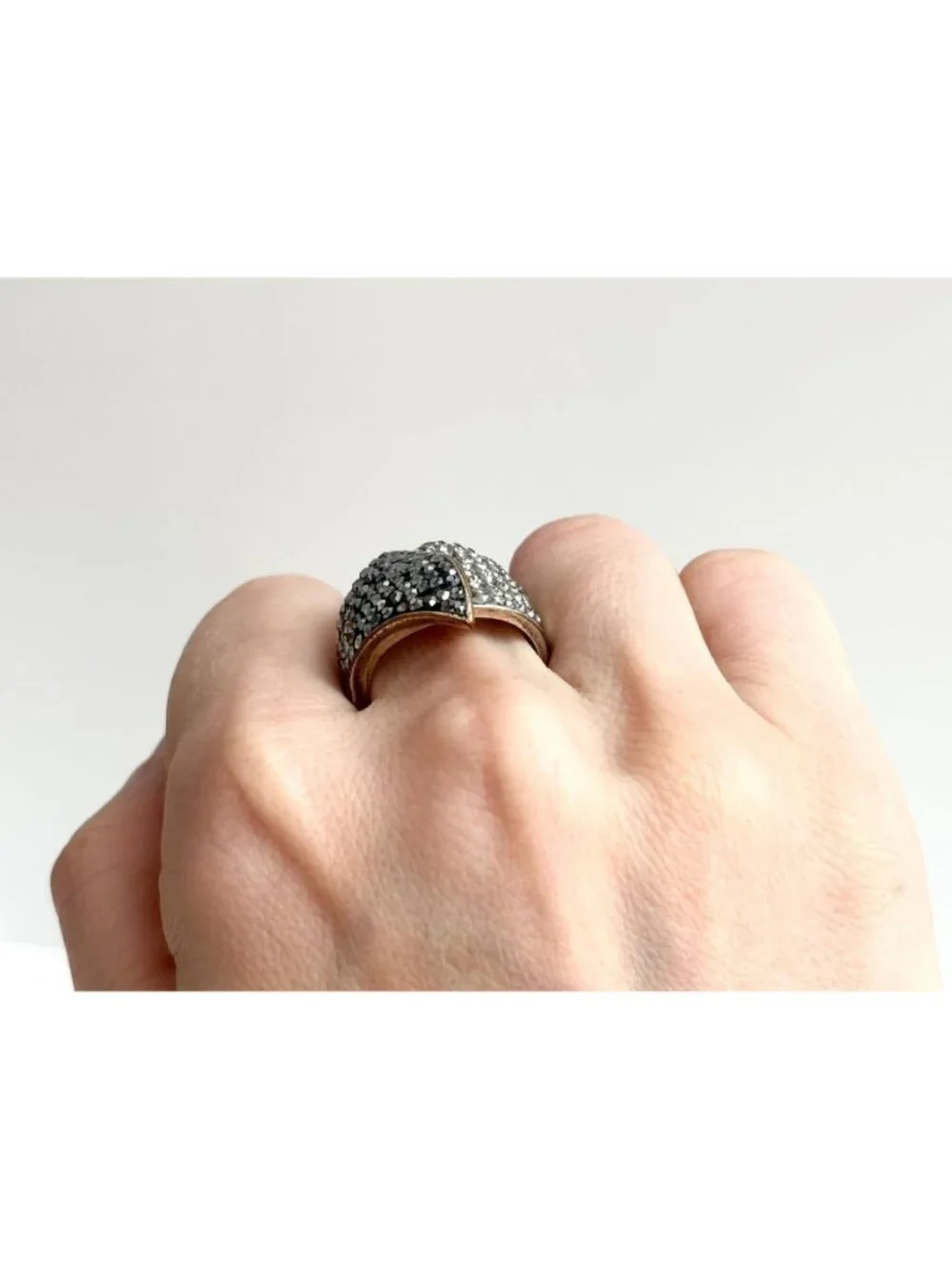 Modernist Folded Multi Rhinestone Brass Plated Malaysian Vintage Ring - sz 8